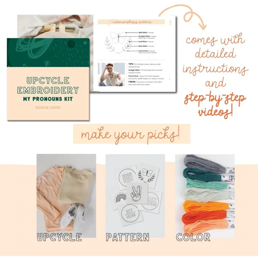 Dooodle Hog Upcycle Embroidery My Pronouns Kit Embroidery Kit